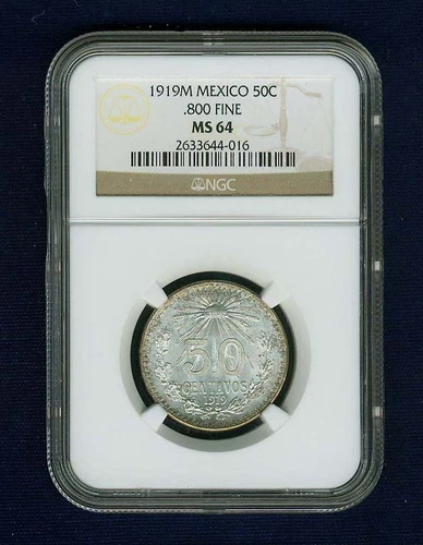 MEXICO ESTADOS UNIDOS 1919 50 CENTAVOS COIN CERTIFIED UNCIRCULATED NGC MS-64