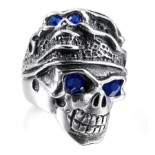 Blue CZ Eye Skull Ring Stainless Steel Double Skull Head Ring Biker Punk Jewelry