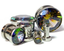 PAIR Large Vitrail Gem Screw Fit Tunnel Plugs Gauges Body Jewelry Piercing