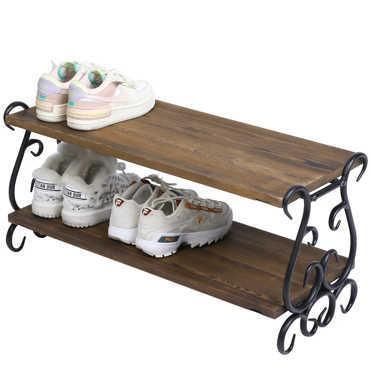 Burnt Wood Wall Mounted Shoe Storage Rack, Entryway Footwear Organizer Holder, Set of 2