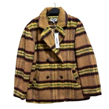 Vigoss Plaid Peacoat Large 8-10 Lemon Yellow Camel Brown Double Breasted New