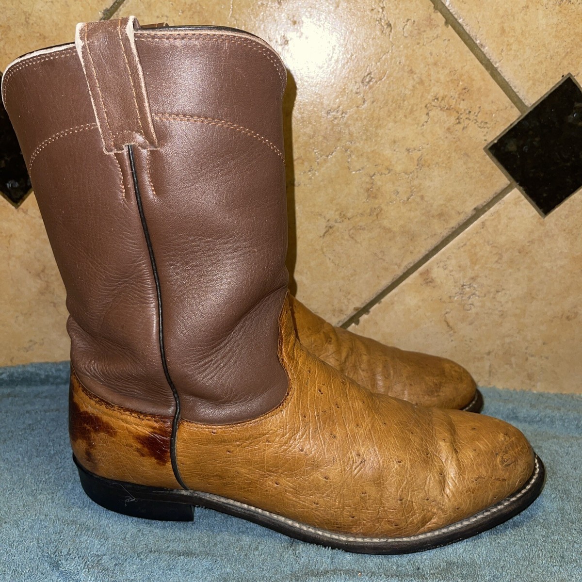Larry Mahan Brown Ostrich Leather Cowboy Western Boots Sz 9.5 D