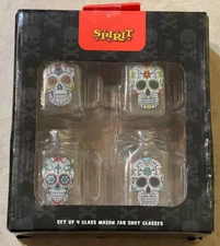 Spirit Halloween Mason Jar “Day Of The Dead” Shot Glasses Set Of 4 New In Box