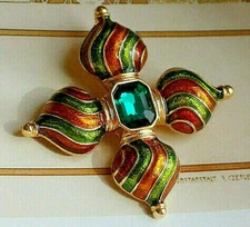 Chic Persian MALTESE Cross Rhinestone JEWEL Earth Tones Orange Gold Green BROOCH