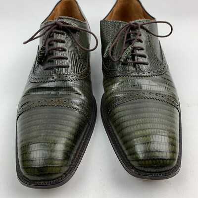 Mezlan Custom Oxford Green Lizard Cap Round Toe Lace Up 