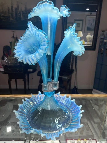 FENTON LG Wright Opalescent Blue Teal Aqua Glass 4 Horn Epergne 1940s 17”