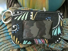  Vera Bradley Zip ID Case Card Holder Coin Purse Key Ring in black floral pop