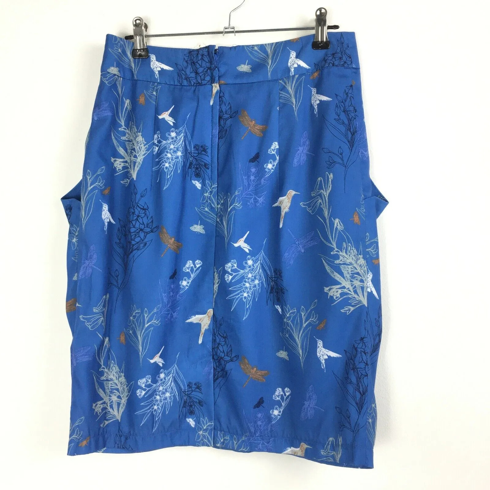 H&M Skirt 10UK Blue Floral Hummingbird Botanical Tulip Pockets 6US 36EU thumbnail 2