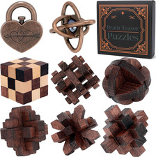 8 Pc Brain Teaser Puzzles Metal wood 3D Box Unlock Interlocking IQ Educational