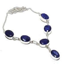 Collana con pietre preziose forma ovale zaffiro blu catena regolabile gioiell...