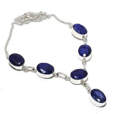 Blue Sapphire Oval Shape Gemstone Necklace Adjustable Chain Handmade Jewelry 18''