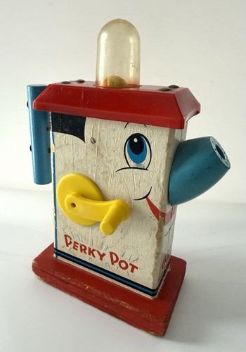 Vintage Fisher Price Perky Pot 1958 Wood Coffee Toy Litho East Aurora NY #755