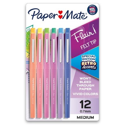 Paper Mate Flair Felt Tip Pens, Medium 1 Count (Pack of 12), Retro Accents