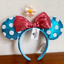 Disney Parks Sequin Blue  White Polka Dot Sunflower Minnie Ear Headband NWT