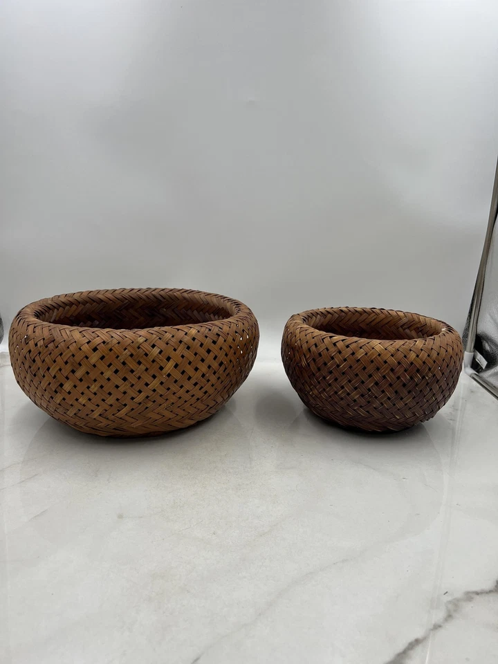 Handwoven Rattan Bamboo Wicker Basket Bowl Set Pair Nesting Boho Decor Round - Image 2 of 4