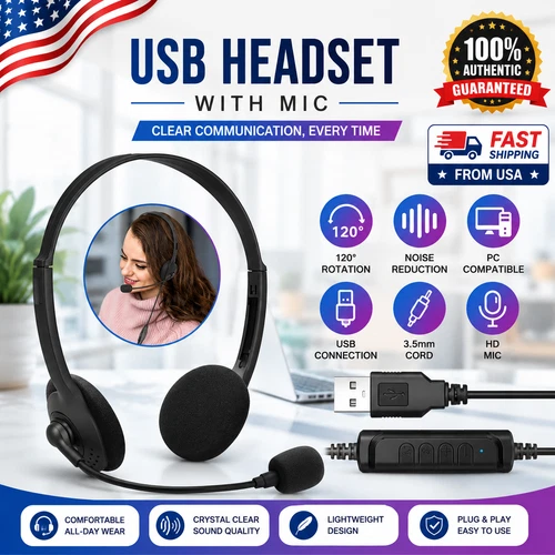 Black USB headset with microphone noise-cancelling feature, shown with 3.5mm cord and silver earbuds on white box.