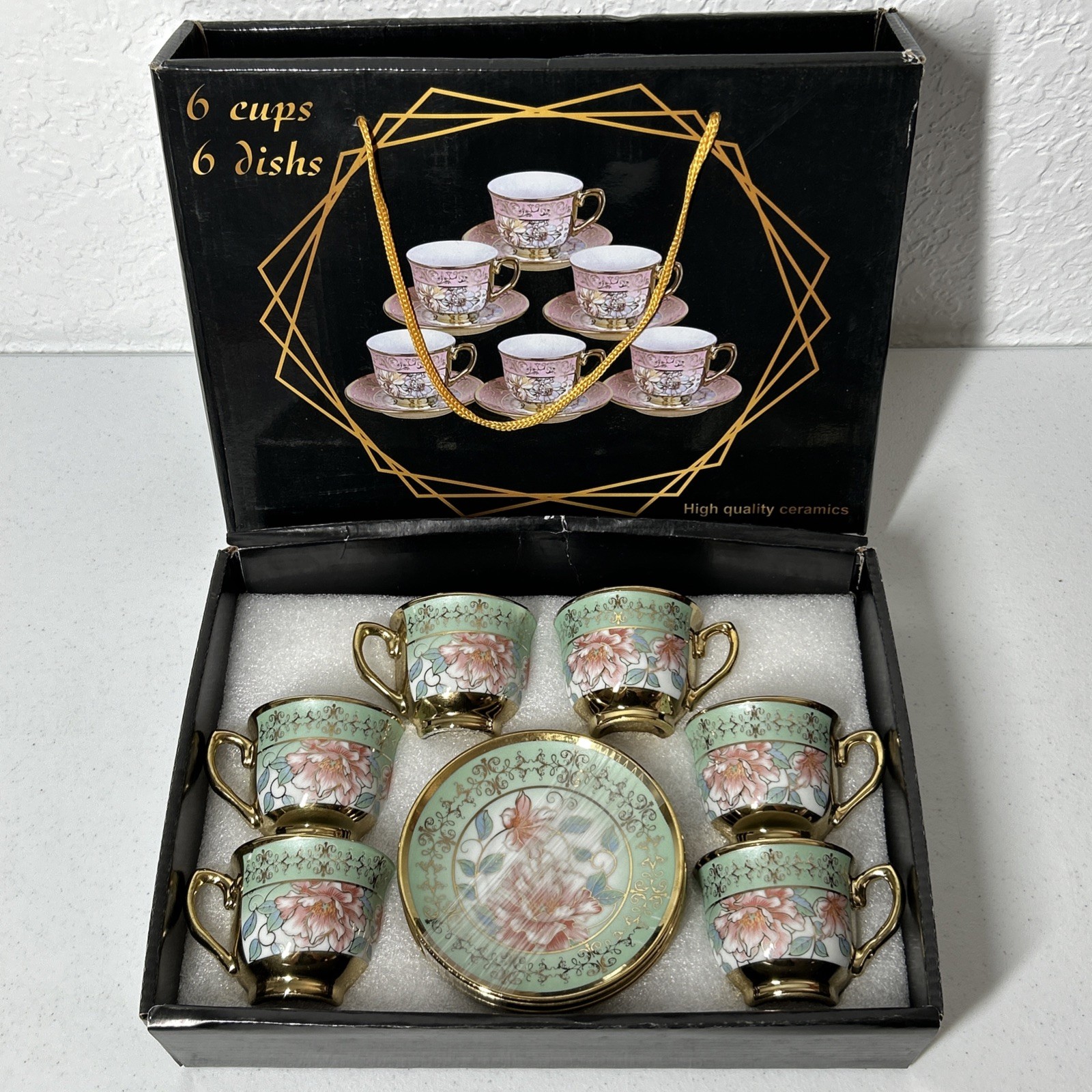 Cup And Saucer Set Of 6 Green Gold Coffee Cups Elegant Nib