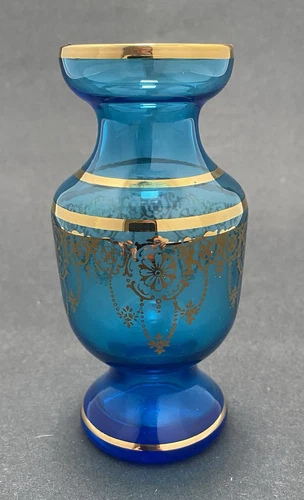 Vecchia Murano Art Glass Small Vase Blue With Gold Trim Chandelier Motif VTG
