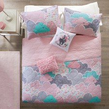 PINK CLOUDS 4pc Twin QUILT SET : DREAM HEARTS UNICORN COTTON GIRLS COVERLET