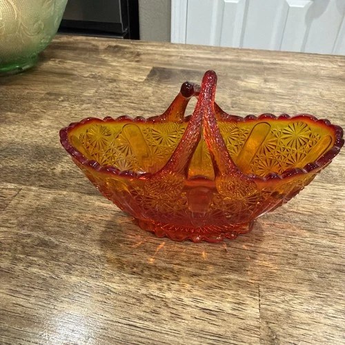 FENTON Glass Split Twig Handle Daisy & Button Orange Amberina (Cadmium) Basket
