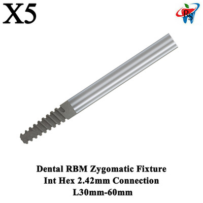 5x Dental RBM Zygomatic Fixture Int Hex 2.42mm Connection Titanium L30mm-60mm