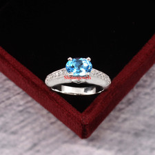 Natural Blue Topaz Gemstone With 18K White Gold Plated Silver Women's Ring 19