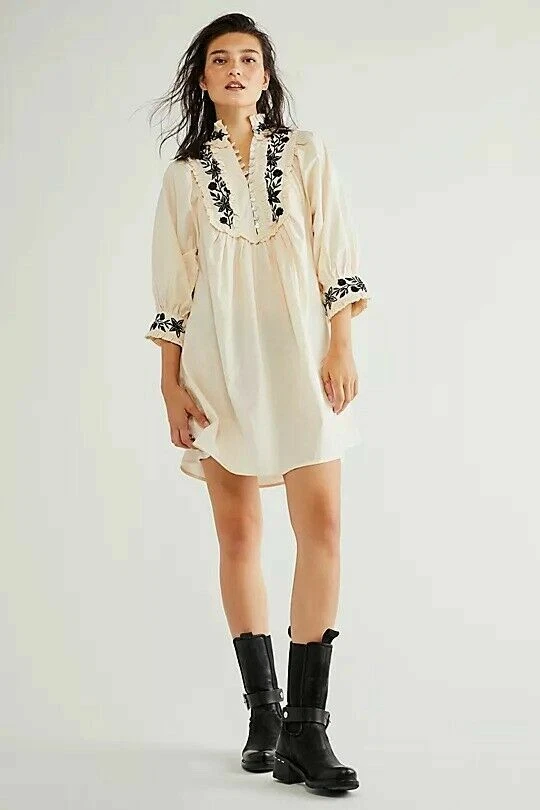 Free People Kinga Csilla Kahlo Embroidered Mini Tunic Dress Ivory