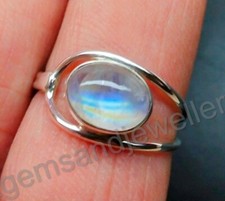 Natural Rainbow Moonstone Oval 925 Sterling Silver Gemstone Ring For Women Gift