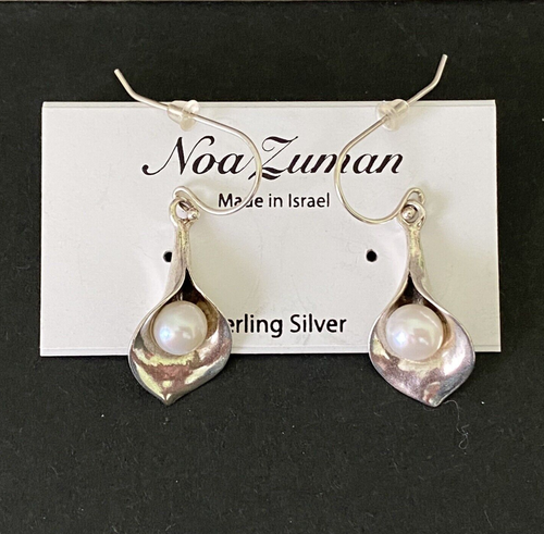 NWT Noa Zuman Israel Sterling Silver & Pearl Earrings Jack in the Pulpit Flower