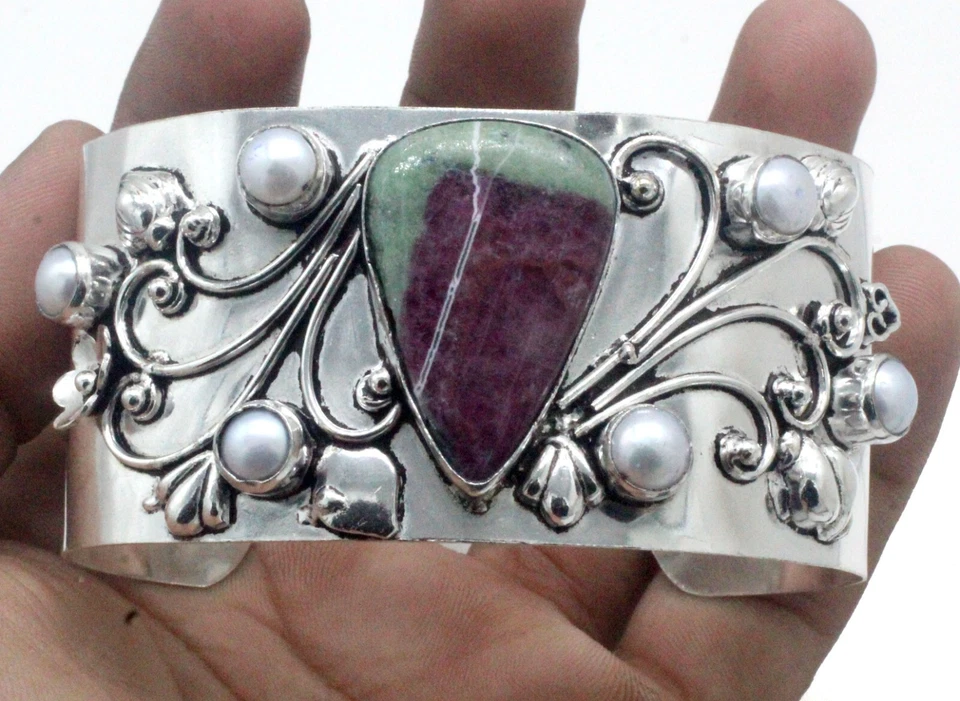 925 Sterling Silver Ruby In Zoisite & Pearl Gemstone Jewelry Cuff Bracelet S-ADJ - Image 2 of 4