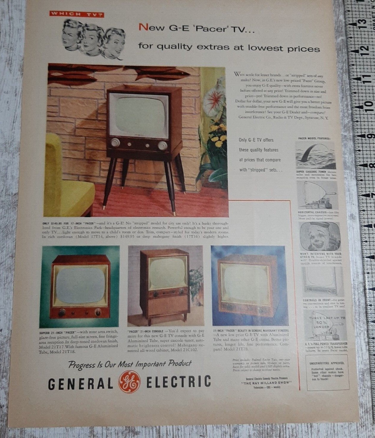 1954 General Electric Vintage Print Ad GE Television Console Portable Pacer