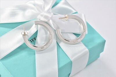 Tiffany & Co Sterling Silver 1837 Wide Flat Hoop Earrings & Pouch