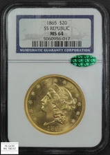 1865 REPUBLIC SS SHIPWRECK $20 Liberty Head Gold Double Eagle NGC MS 64 CAC