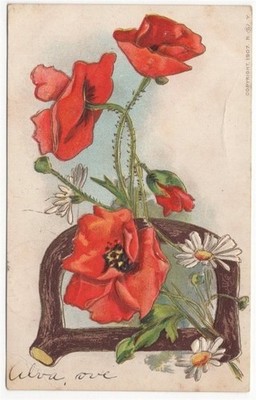 Best Wishes with Red Flowers Black Center Thorns 1907 Antique Postcard Embossed 