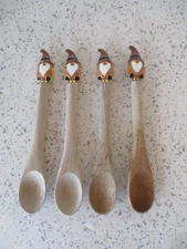 4 MINIATURE WOODEN SPOONS, WITH SANTA GNOME SPOON TOPPERS, ENAMELED, EACH 5"