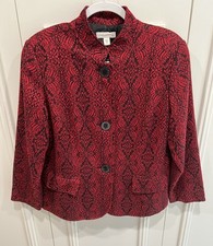 Coldwater Creek Brocade Jacquard Button Up Jacket Sz 16 Red Pleated Artsy Asian