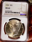PEACE SILVER DOLLAR 1922 NGC MS 63 BLAZING FROSTY BEAUTY!!
