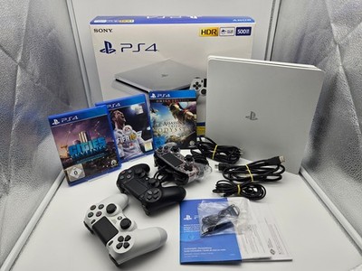 Sony PlayStation 4 Slim Konsole Glacier White + 3 Controller / Spiele / Kabel  