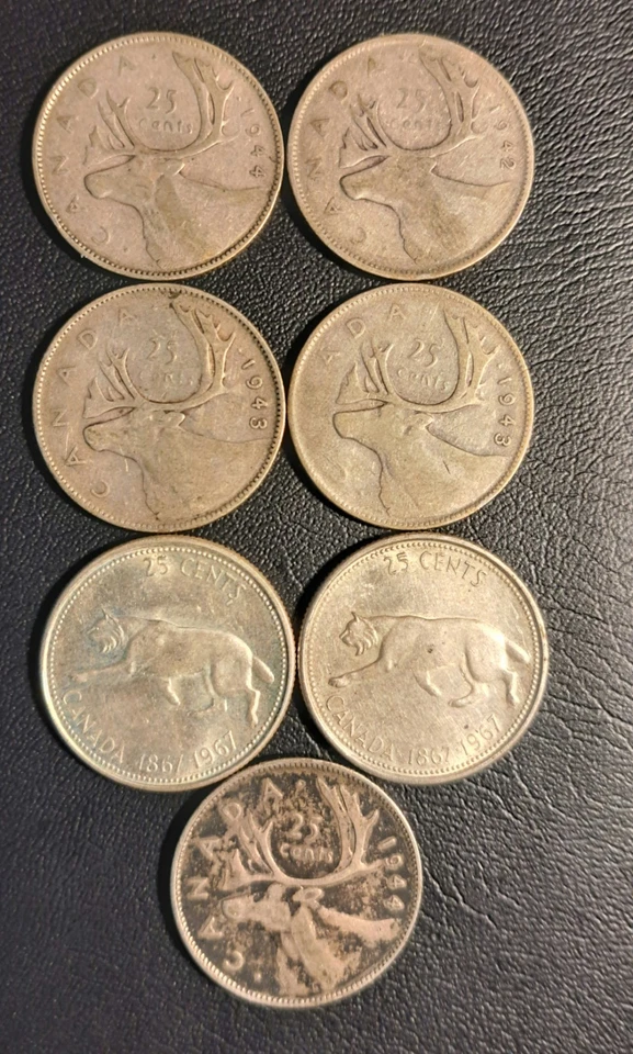 Lot of 11 Silver Canadian Coins, 7 Silver Quarters, 4 Silver Dimes, See Descript - Image 2 of 4