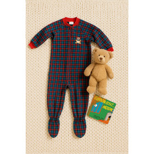    Vintage Carter  s 90s Fleece Pajamas   4T Plaid Footed Sleepwear w/ Teddy Bear