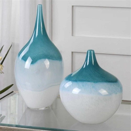 Uttermost Carlas Contemporary Glass Vases in Teal Blue/White (Set of 2) - Picture 2 of 3