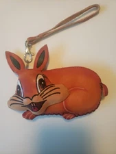 Handmade Bunny Leather Wallet Handpainted Brown Coin Purse Wristlet Key Holder 
