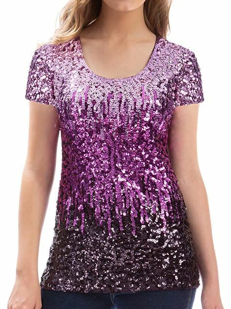 MANER Women’s Sequin Tops Glitter Party Short Sleeve Sparkle | Purple ...