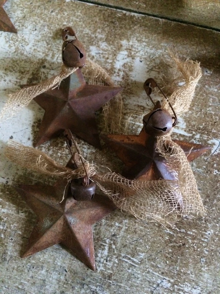 Set of 10 Rusty Barn Stars Star 2.25 in 2 1/4 Pin Bell Country Ornaments Filler - Image 3 of 4
