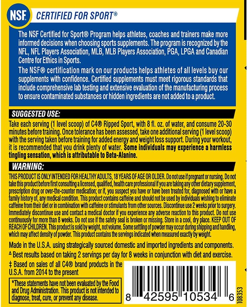 C4 Ripped Sport Pre Workout Powder Arctic Snow Cone NSF Certified for