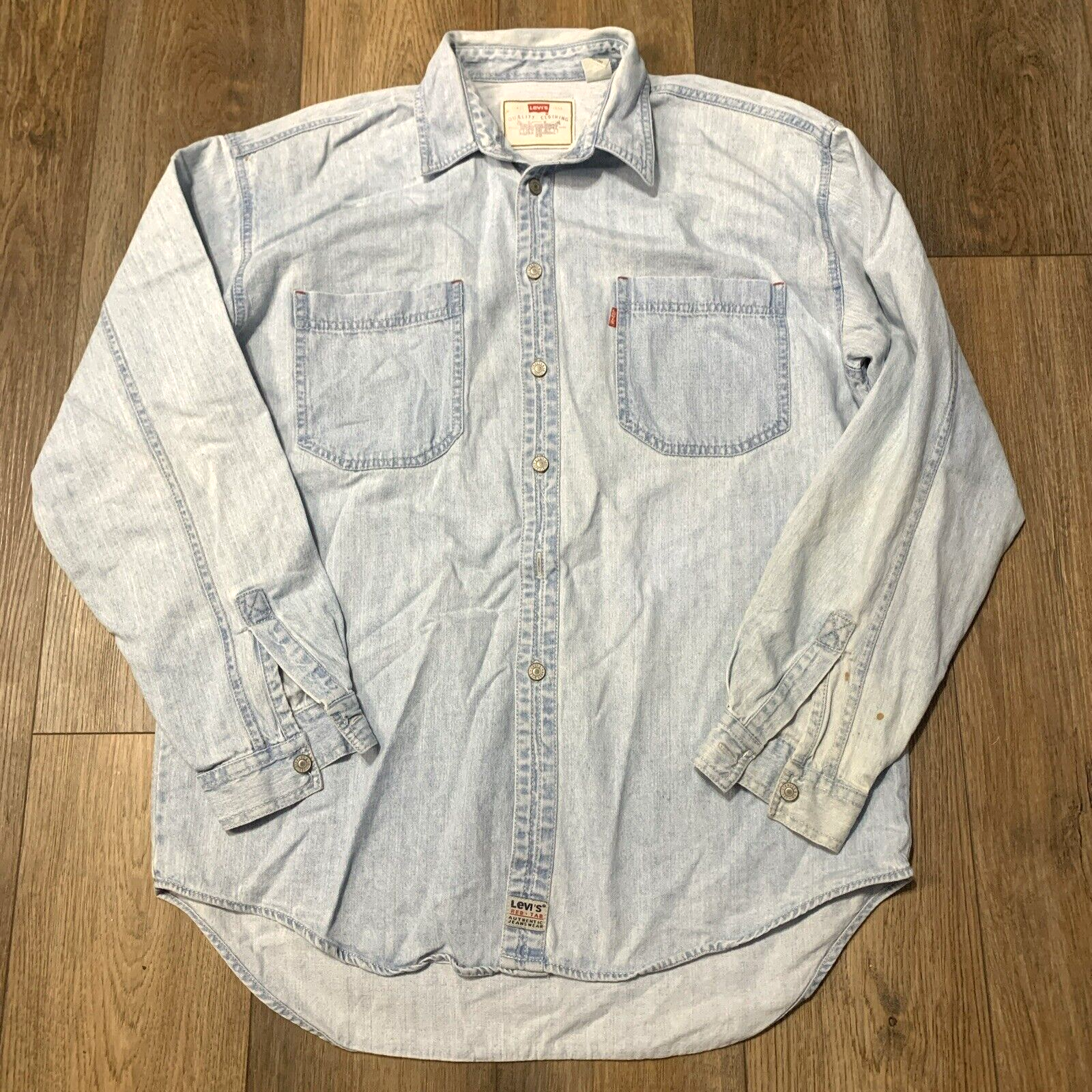 VTG 90s Levi's Red Tab Button Up Chambray Denim Shirt Mens L Work Western Cowboy