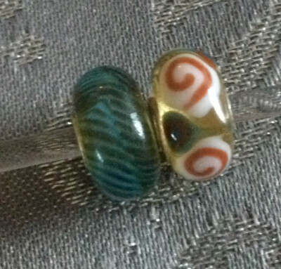 Authentic Trollbeads Blue Green Feather 61350 and Orange Swirl/Yellow Unique New