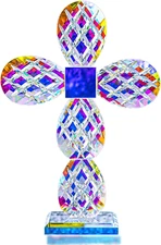 Qfkris 9'' Tall Colorful Crystal Cross Standing Grid Modern Cross Figurine Glass