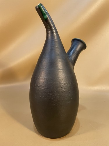 Vintage Raku Style Pottery Black Green Ceramic Double Spout Vase Signed 11” - Picture 3 of 7