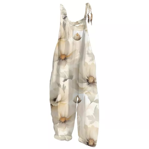 Damen Sommer Baumwolle Leinen Overall Blumendruck Freizeit Locker Retro Jumpsuit - Bild 50 von 51